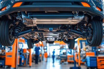 Modern car elevated on hydraulic platform for maintenance in an auto repair shop during daytime