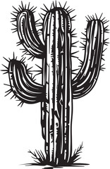 Black and white vector illustration of a spiky cactus plant with detailed outlines