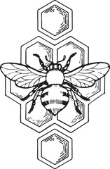 Detailed black and white illustration of a honeybee on a honeycomb structure