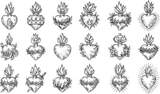 A collection of intricate black-and-white sacred heart illustrations, featuring flaming hearts adorned with crowns, crosses, thorns, roses, and rays, symbolizing devotion and spirituality in a timeles