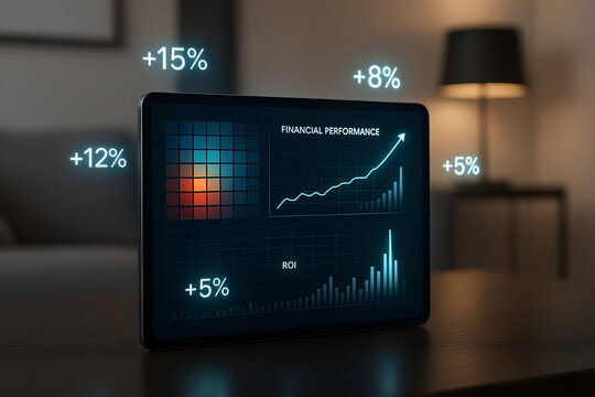 Financial performance displayed on a tablet showing positive growth and return on investment with increasing percentages in a modern setting