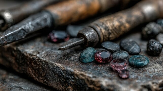 Crafting precious stones with tools on a workbench in a jewelry workshop