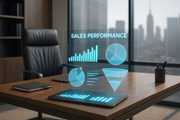 Modern office desk with sales performance hologram display featuring charts and graphs representing business analytics and data visualization