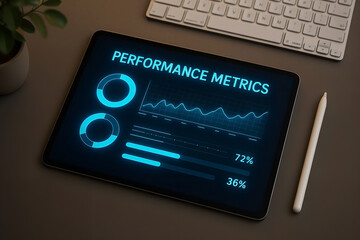 Modern tablet displaying business performance metrics with visual data charts and statistics for analysis and reporting purposes