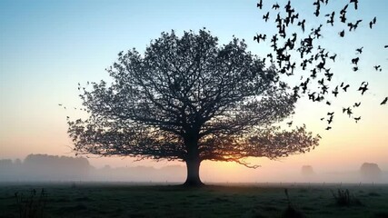 Birds flying from a tree at sunrise, nature scene, for website background