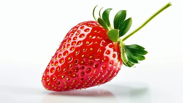 luscious ripe strawberry floating on white background hyperrealistic rendering with vibrant red color visible seeds and fresh green stem studio lighting highlights every detail.