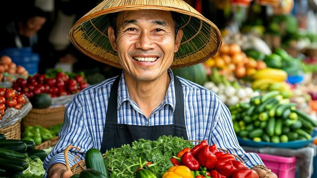 Smiling farmer holding basket of freshly harvested cucumbers near agricultural market display, showcasing local colorful produce