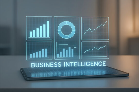 Business intelligence concept displayed on a digital tablet featuring data analysis charts and graphs representing financial data and growth