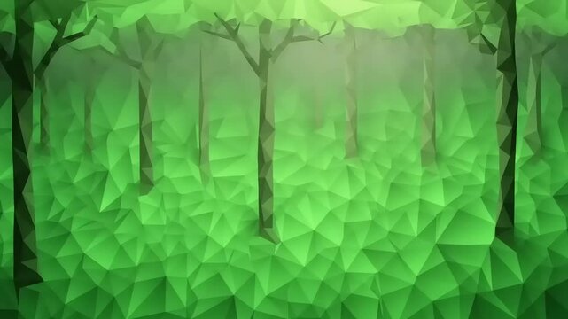 Abstract polygonal forest scene with mist, showcasing green trees and a serene atmosphere