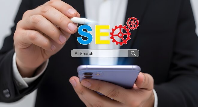 Businessperson uses AI Search Engine Optimization on Smartphone