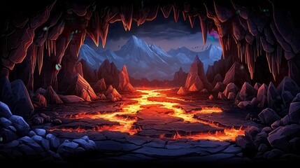 Underground magma cavern with towering crystal formations, rivers of lava flowing between jagged rocks