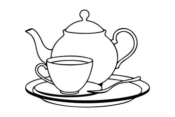 Tea time set line art silhouette on white background