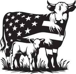 Patriotic farm animal design featuring cow with american flag and calf silhouette