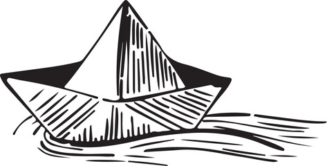 Simple hand drawn illustration of a paper boat floating on water surface