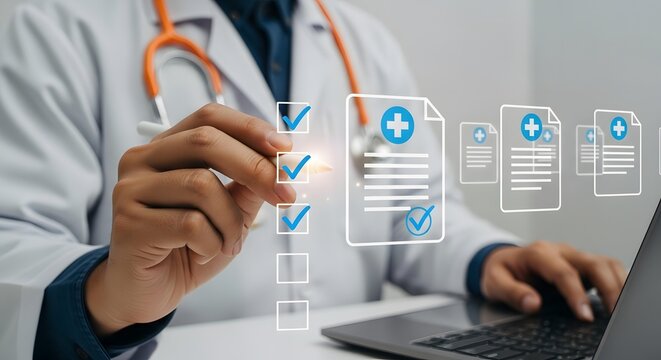 Doctor using digital technology for medical records management and patient healthcare checklist review.