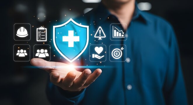 Businessperson presents digital health shield showcasing safety, protection, and risk management solutions for corporate wellness programs.