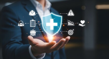 A businessman presents a digital health shield showcasing safety, security, and wellbeing through innovative technology solutions.