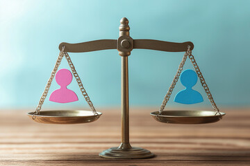 Symbolic gender balance with male and female on seesaw, concept of equity and fairness