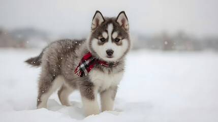 Naklejka premium Husky Puppy in the Snow Wearing a Scarf