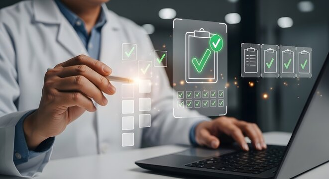 Doctor using laptop checks tasks on digital checklist successful project management healthcare technology - Powered by Adobe