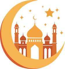 Golden Crescent Moon with Mosque and Star Vector