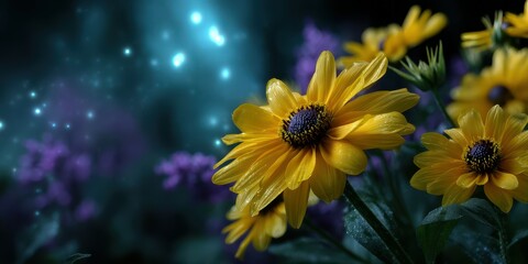 Vibrant yellow flowers stand out against a mystical blue and purple background during twilight
