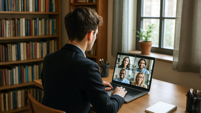 Businessman in suit having video conference with diverse colleagues on laptop at home office desk. Remote teamwork and communication concept. Professional setting. - Powered by Adobe