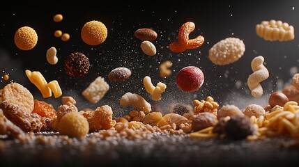 A variety of snacks in mid-air, dusted with powder