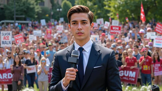 Serious young male reporter in suit holding microphone in front of crowd with protest signs. Concept of journalism and live news coverage