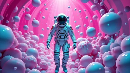 Astronaut floating among soft pink spheres in glowing abstract environment with radial light. Concept of surreal space exploration - Powered by Adobe