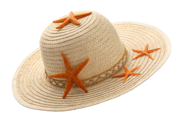 Straw hat and starfish isolated on white or transparent background