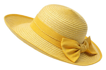 Yellow sun hat for beach with yellow ribbon bow isolated on white or transparent background