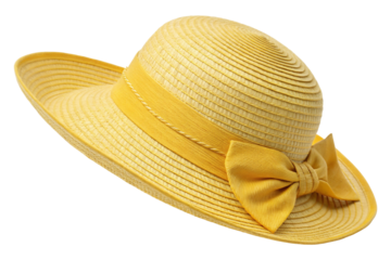 Yellow sun hat for beach with yellow ribbon bow isolated on white or transparent background