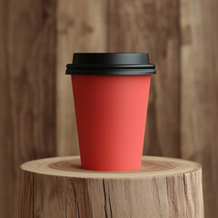 Minimalist Red Coffee Cup with Black Lid on Wooden Platform Representing Urban Coffee Culture, Disposable Cup Usage and Daily Lifestyle Trends in Cafés