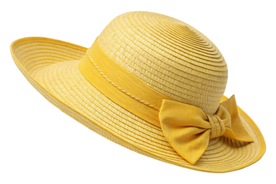 Yellow sun hat for beach with yellow ribbon bow isolated on white or transparent background