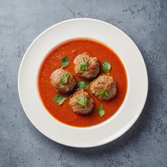 Top-down view of meatballs in tomato sauce on neutral grey background.