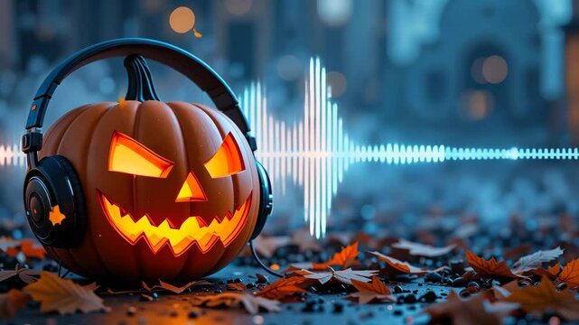 Glowing halloween pumpkin wearing headphones with colorful audio waves in background. Concept of music and spooky fun
