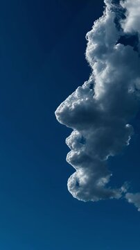 White cumulus cloud forms the distinct profile of a human face against a clear deep blue sky, evoking pareidolia, imagination, and nature's artistry for creative or psychological concepts