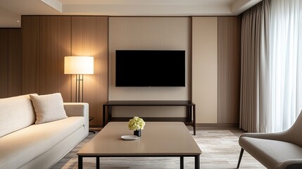 Modern living room with neutral tones, featuring a sofa, armchair, coffee table, flat-screen TV, and large window with curtains.