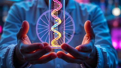 Glowing dna helix floating between two hands on a futuristic blue lab background with circular holographic interface. Concept of biotechnology and genetic engineering - Powered by Adobe