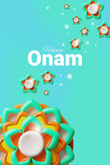 Fototapeta premium Happy Onam 3D style poster vector design, South India Kerala festival, volume Rangoli flowers celebration background