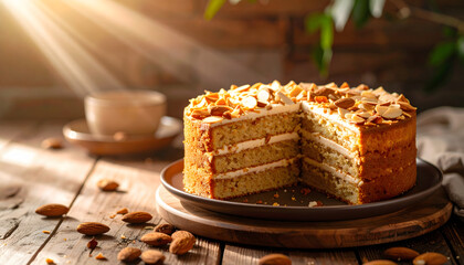 Cozy Afternoon Layered Nut Cake with Coffee on Wooden Surface