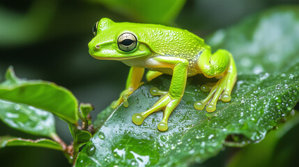 Obraz premium World Frog Day, Bright Green Frog on Leaf with Water Droplets Representing Amphibian Conservation and Biodiversity Awareness