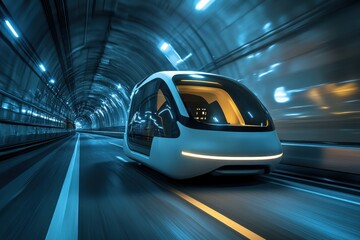 Fototapeta premium Autonomous vehicle navigating a city tunnel at night showcasing advanced technology and high speed