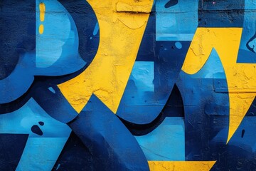 Naklejka premium Vibrant geometric graffiti in blue and yellow adds an artistic touch to an urban backdrop in a city alley during the day