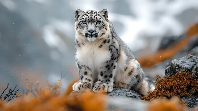 A snow leopard sitting on a rocky ledge in the icy mountains