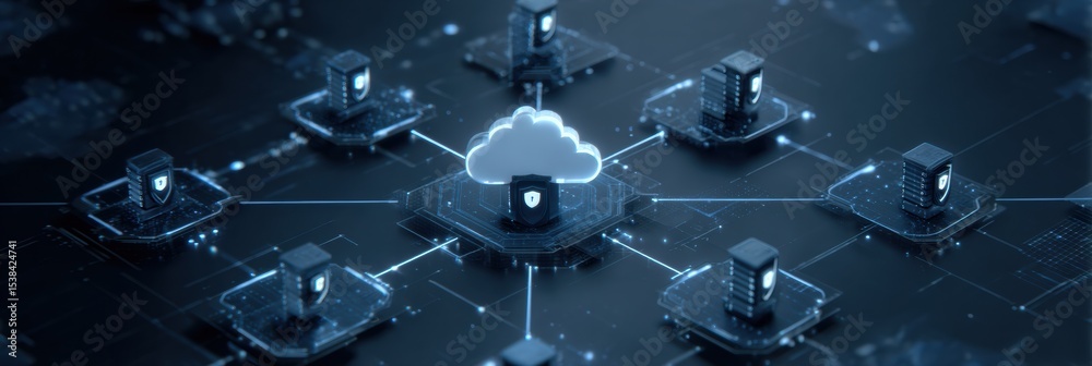Poster Cloud Storage Visualization Featuring Vault-Style Shields for Enhanced Security in Digital Data Management