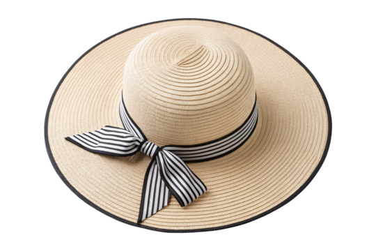 Women's light beige straw hat with a decorative ribbon around the crown isolated on white or transparent background