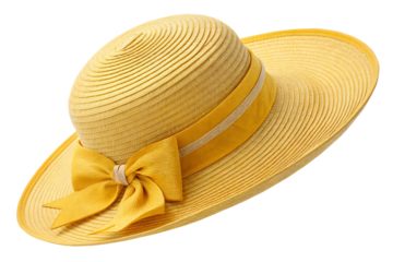 Yellow sun hat for beach with yellow ribbon bow isolated on white or transparent background