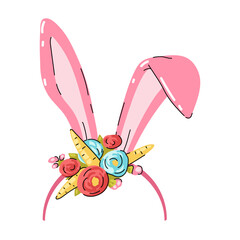 Headband with pink Easter bunny ears, flowers and carrots. Cute rabbit ears. Easter mask. Hair hoop Cartoon. Attribute of costume. Vector illustration isolated
